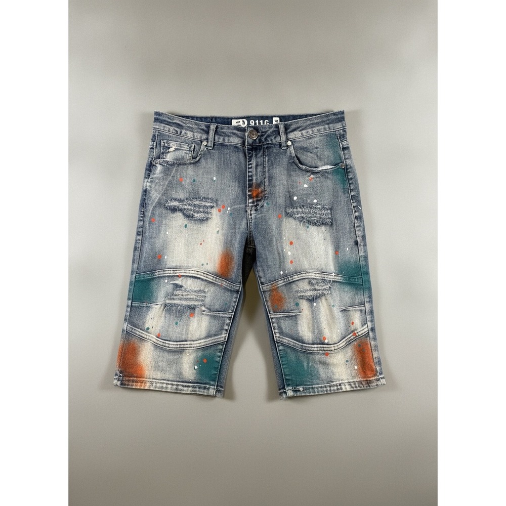 GS115 Denim Shorts Paint Splatter Distressed Moto Blue Orange Teal Womens 34